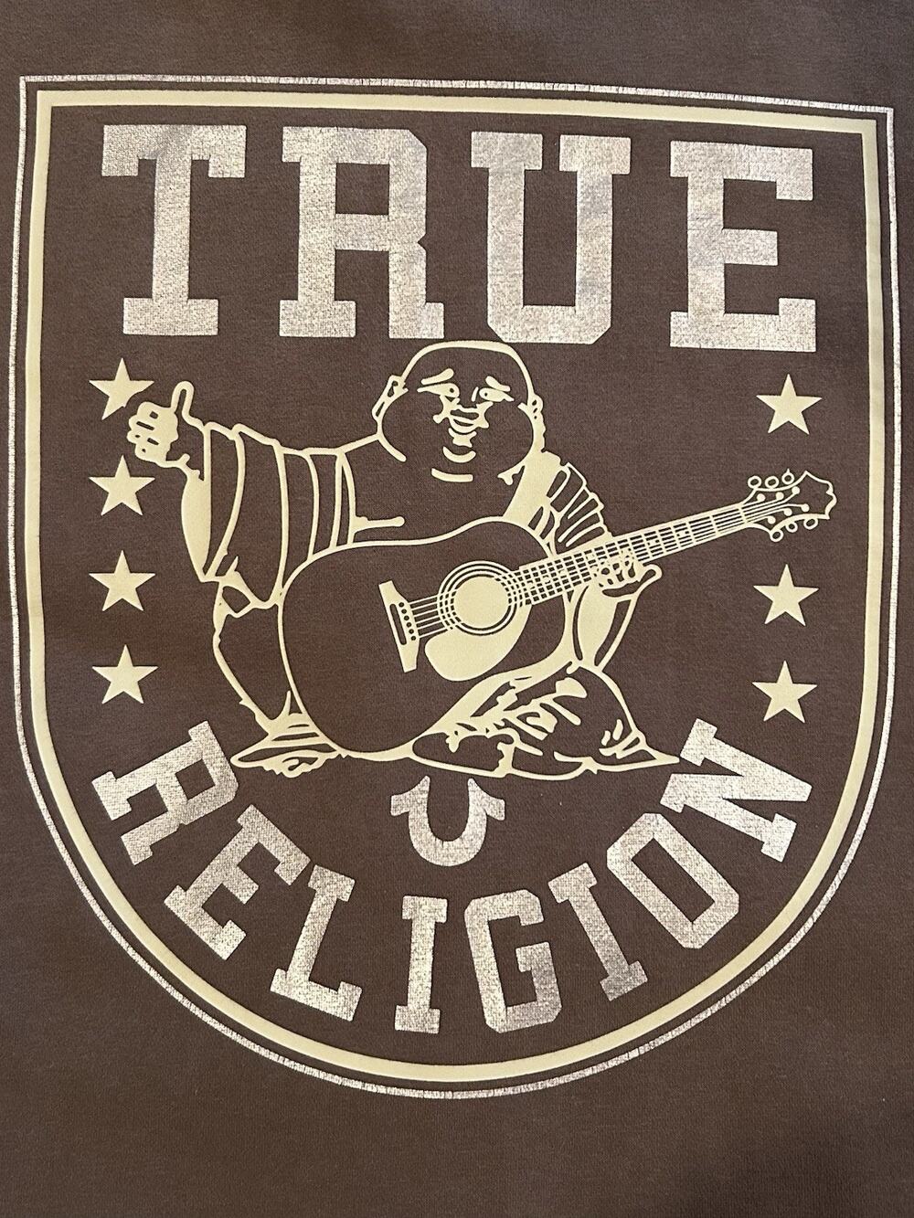 True Religion Buddha 3 Star Zip Hoodie Brown Mens Large L Guitar Logo